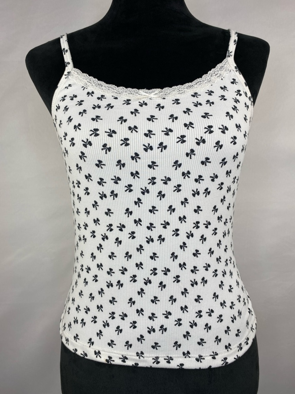 Just Polly NY Y2K Bow Print Lace Trim Cami Tank Top Size Large